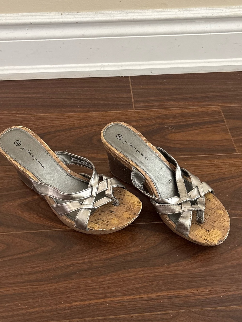 Metallic Silver Wedge Sandals with Cork-look Platform